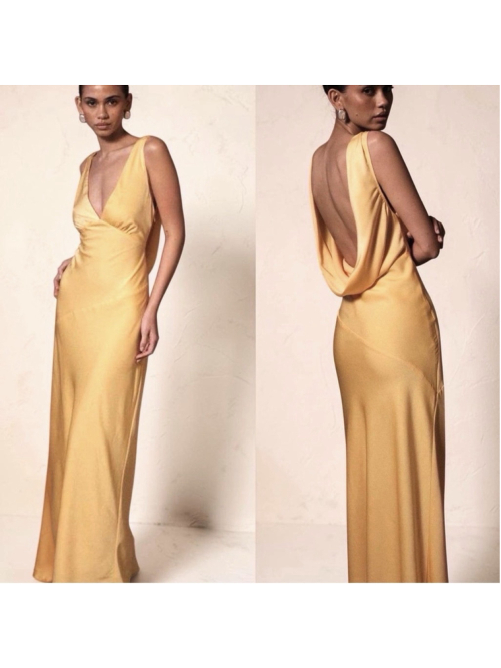 Meshki NWT Nadia Maxi Satin Dress S Back Cowl Lemon Yellow V Neck Sleeveless